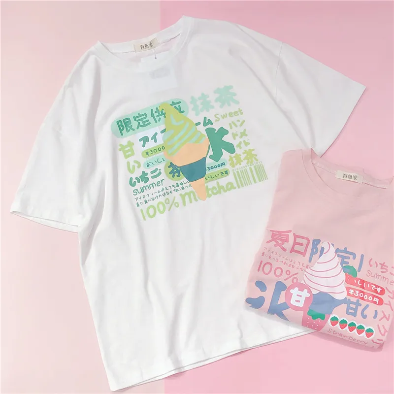 

Summer Korean Style Women T Shirt Harajuku Kawaii Pink Tshirt Cute Ice Cream Strawberry Graphic Tees Japanese Funny Female Tops