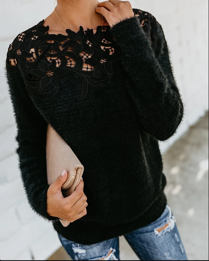 Hot 2019 autumn and winter new fashion women's solid color long-sleeved lace Flower stitching round neck wild cashmere sweater Hot 2019 autumn and winter new fashion women's solid color long-sleeved lace Flower stitching round neck wild cashmere sweater
