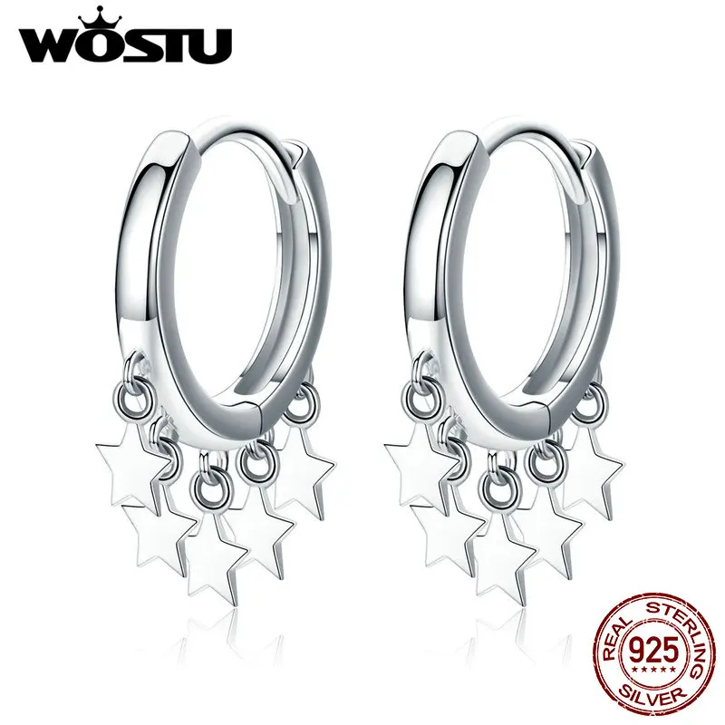WOSTU, настоящие 925 пробы, серебряные серьги-кольца, серьги с кисточками и звездами для женщин, свадебные модные серьги Siver 925, ювелирные изделия FIE684