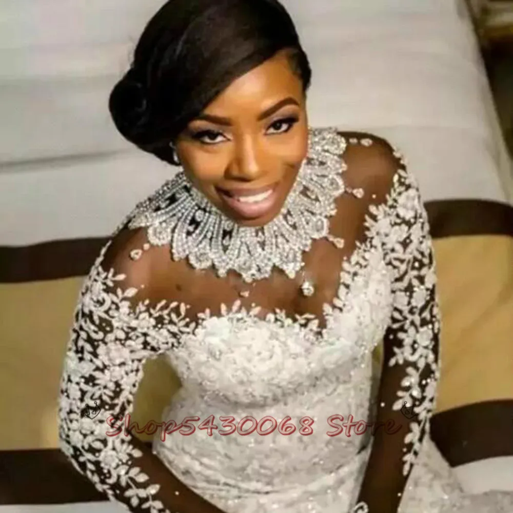 Luxury Crystals African Mermaid Wedding Dresses 2020 Zipper Back Long Sleeve Heave Beaded Bride Dress Vestido De Noiva