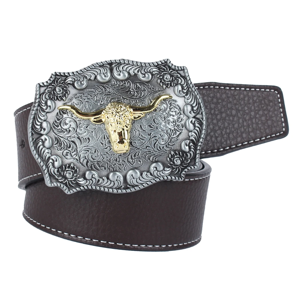 Classic Western Cowboy Rodeo Arabesque Catterl Head Men's Leather Belt Buckle