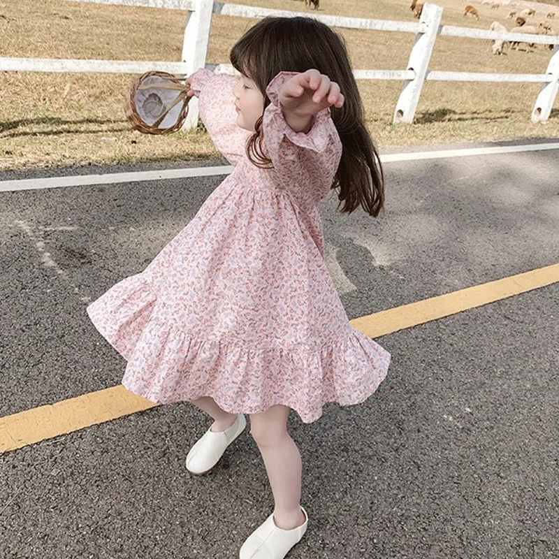 Girls' Dresses Autumn Korean Girl Long Sleeve Floral Dress Lantern Flower Round Loose Ruffled Sweet | Детская одежда и обувь