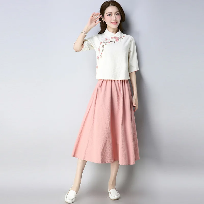 

2018 Summer New Style Ethnic-Style Cotton Linen Embroidery Half-sleeve Shirt Stand Collar T-shirt + Solid Color Skirt Fashion Le