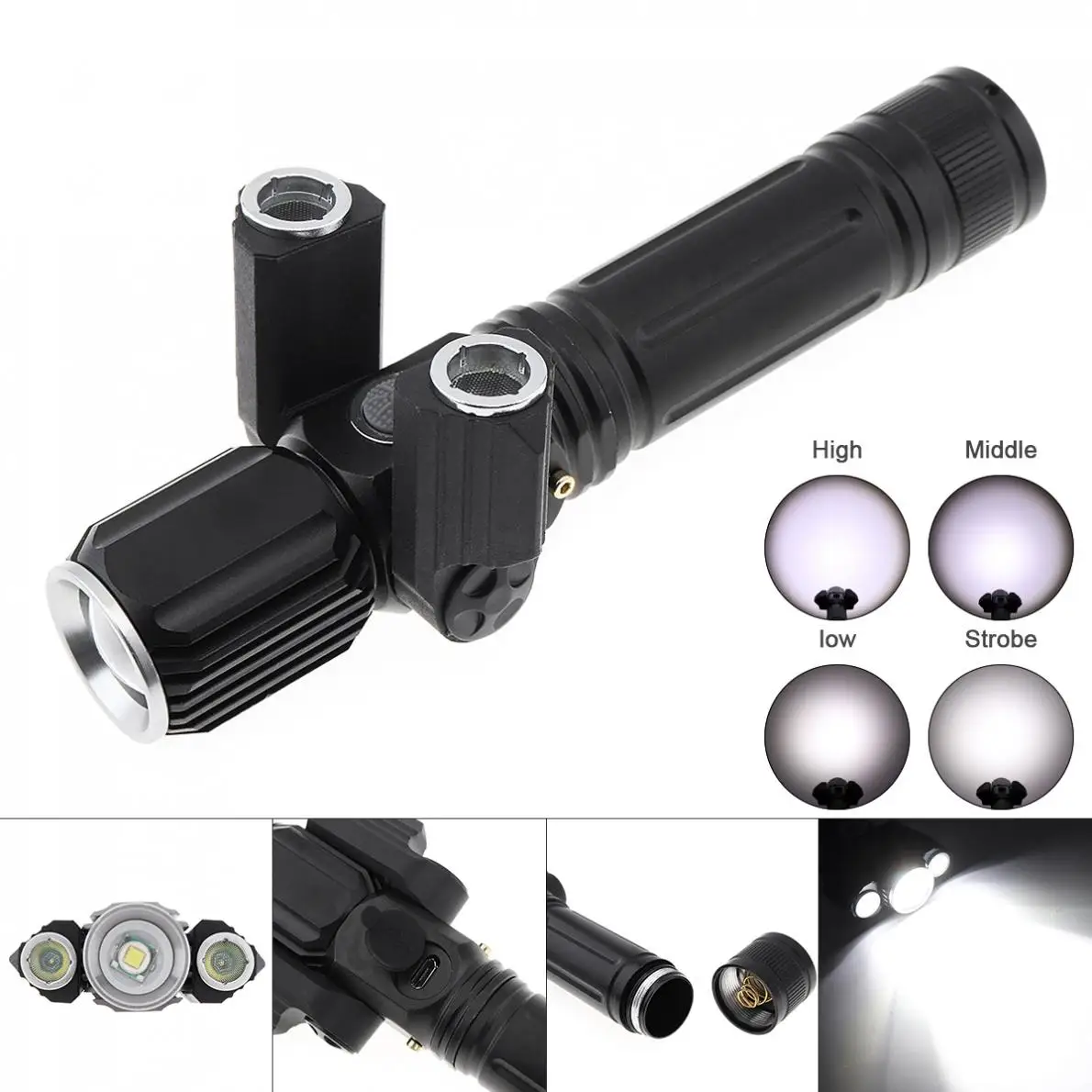 

Super Bright 300m 2000 Lumens Rechargebale Flashlight Zoomable 2 Wing Lights + 4 Lighting Mode LED Torch for Outdoor Hiking Rid