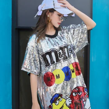

Thailand tide brand 2020 summer new cartoon sequins loose large size T-shirt women's long short-sleeved dress