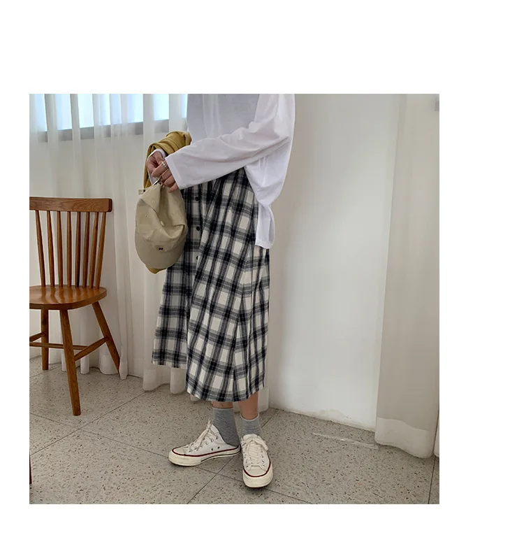 [Yellow Zheng] Semi-Elastic High-waisted Single Breasted Plaid Skirt Women's Autumn Korean-style A- line Skirt Sub-Q81356