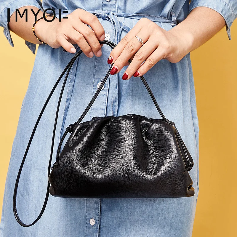 

Quality Genuine Leather Women Handbag Simple Drawstring Mini Ladies Shoulder Cloud Bags Female Crossbody Bag Party Clutch Purses