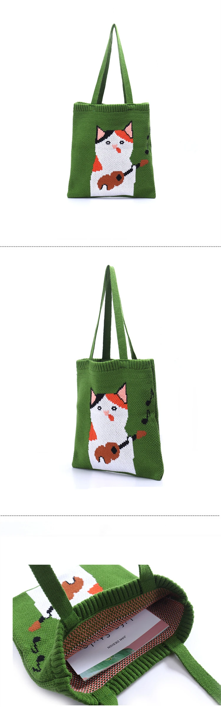 Female Japanese Style Kawaii Knitting Wool Tote Bag Teenager Winter Anime Cute Cat Pattern Crochet Shopping Top-handle Handbag