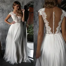 

Boho A-Line Long Wedding Dresses robe de mariée Scoop Neck Cap Sleeves Beaded Lace Tulle Bridal Gowns Beach Bride Dress