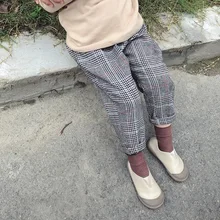 Детская одежда для девочек; повседневные брюки; коллекция года; сезон осень-зима; одежда; стиль; детские шаровары в Корейском стиле; обтягивающие брюки в клетку для малышей