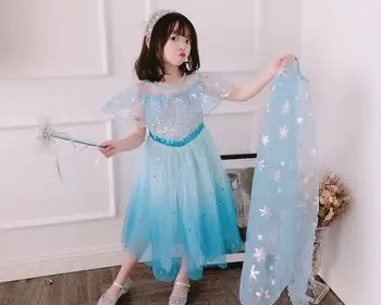 

Summer Baby Girls Blue Sequined Star Mesh Dress With Cape, Princess Kids Cute Cosplay Clothing 5 pieces/lot, Wholesale