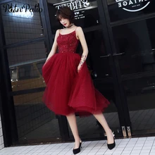 Сексуальные Платья на бретельках с открытой спиной для выпускного вечера, бальное платье винно-Красного цвета из тюля, вечернее платье с блестящими блестками, Короткие вечерние платья