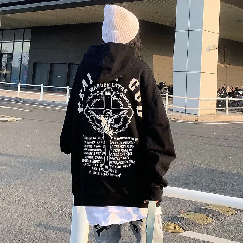 

Women's Hooded Long-Sleeved T-shirt, Loose Top, Velvet, Hip-Hop, Dark Retro Letter Printing, High Street, Y2K