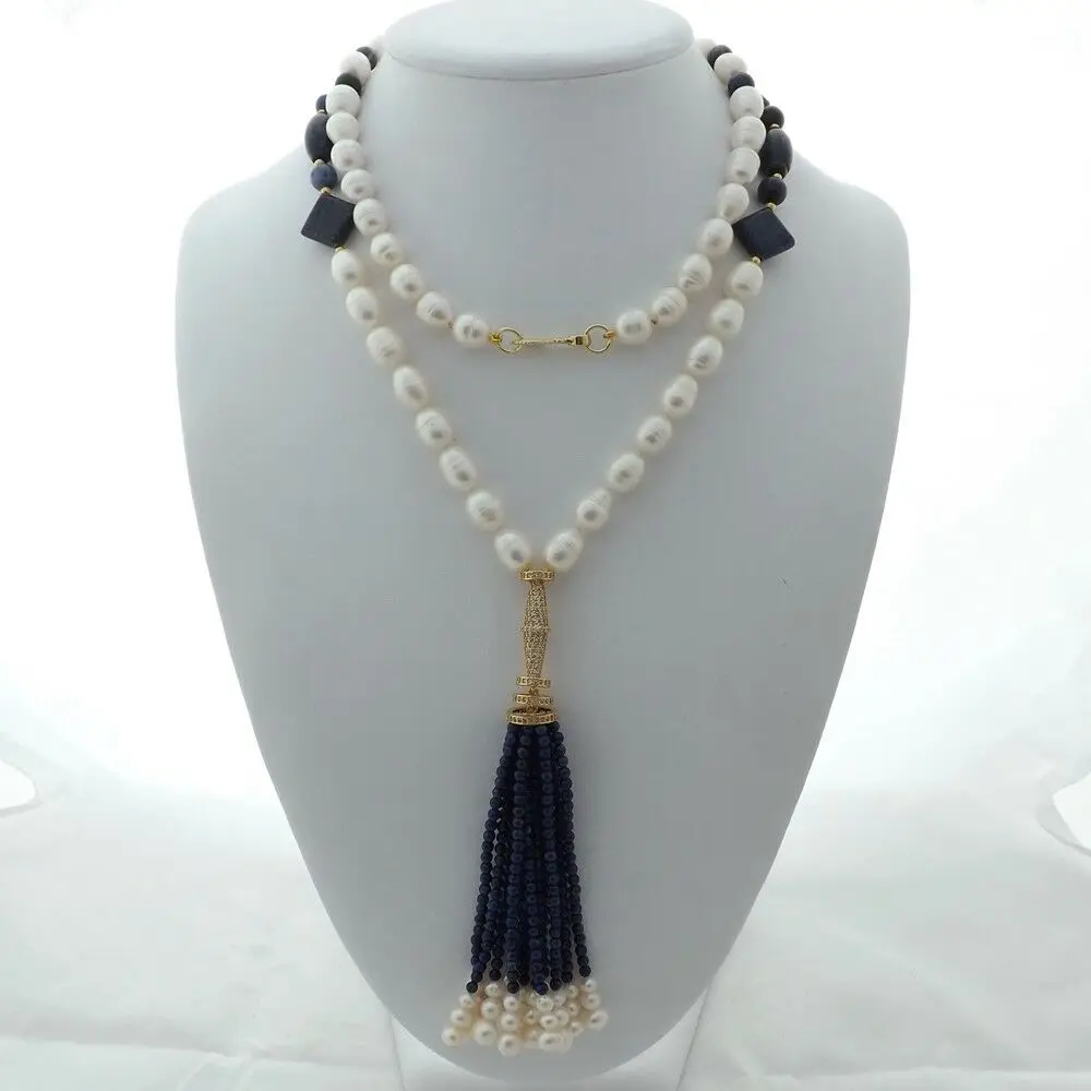 M011803 3" белый жемчуг в форме риса Lapis кисточкой ожерелье