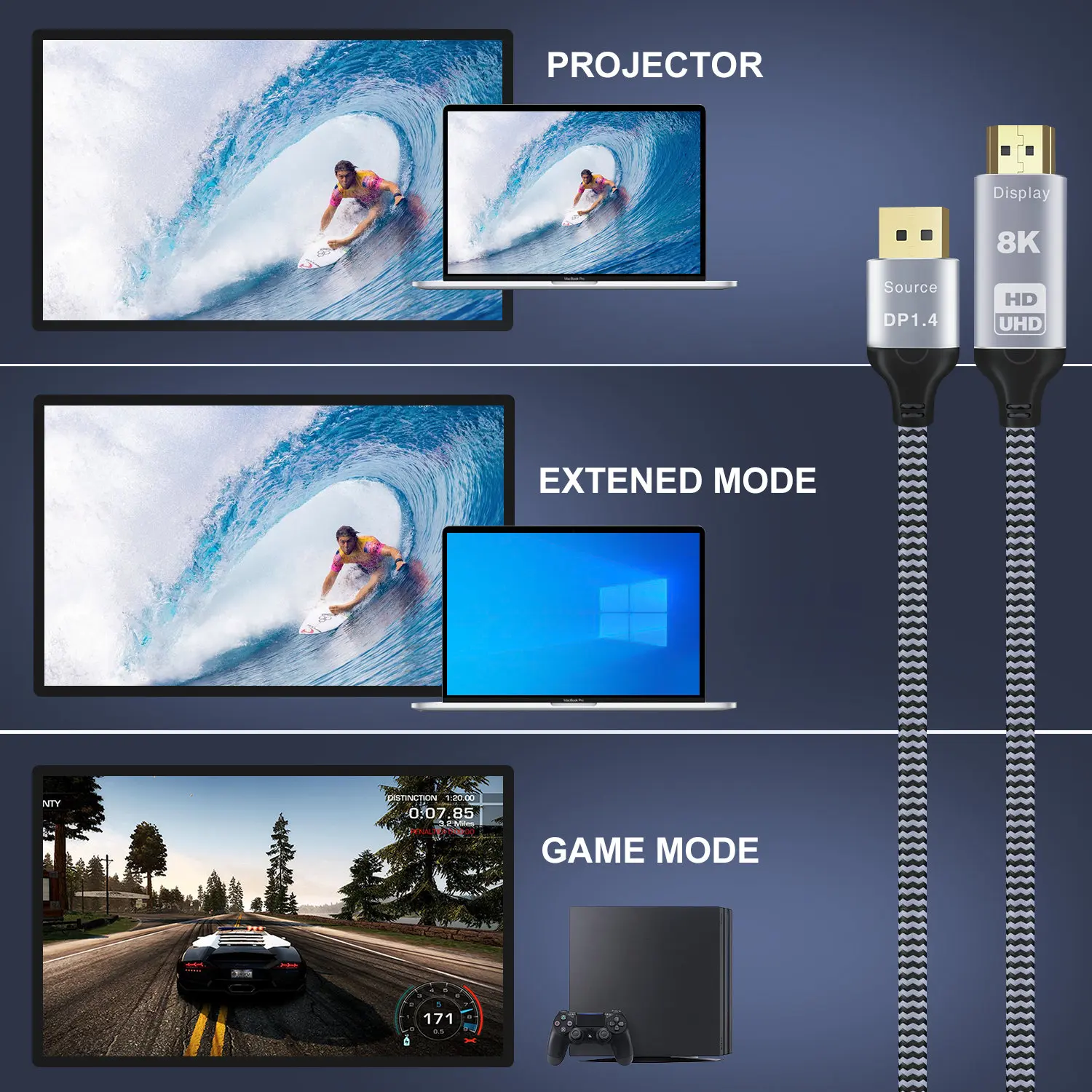 Conversor de Cabo 1.4 para Hdmi Cabledeconn Displayport 30hz 4k 120hz Direcional 1.8m 2.1 8k @ - Image 2