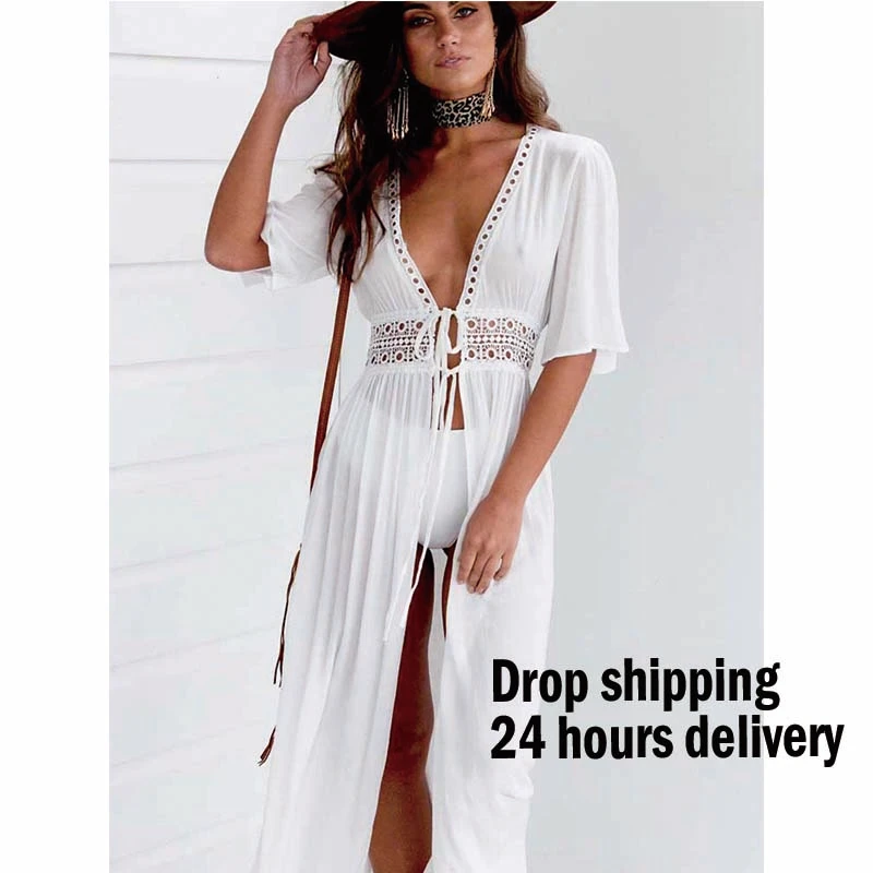 Dropshipping Bikini Cover Up Beach Long Maxi Dress Women Tunic Pareo White V Neck Dress Robe Swimwear Bathing Suit Beachwear Beach Robe Cover Up