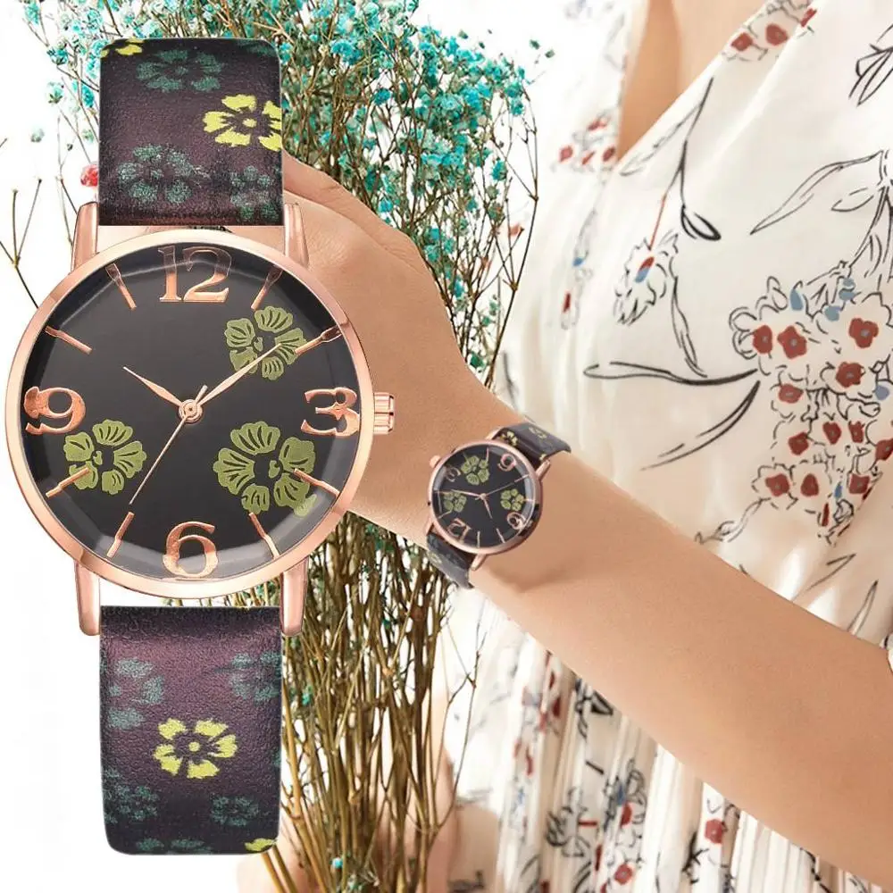 

New fashion branded watch women watches quartz Printed Flower clock leather strap Watch for women gift relogio feminino #C