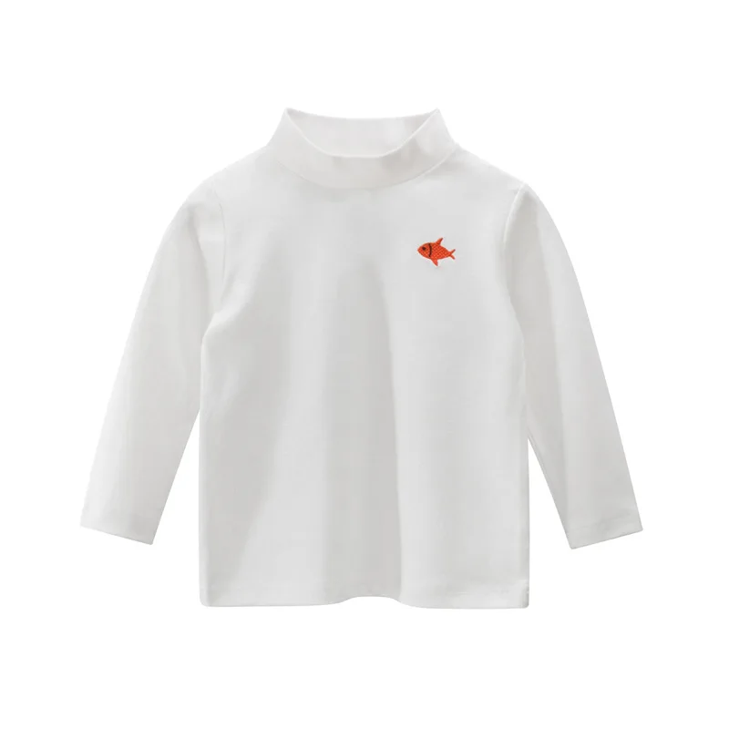 Korean Style Children's Clothing Autumn New 2022 Fish Embroidery Cotton Top Girls Baby Boys Turtleneck Long Sleeve T-shirt 2-9Y 2