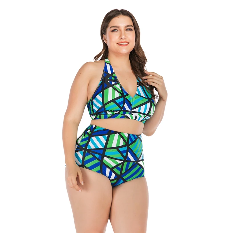 

Women Tankini Patchwork Halter Top High Waist Bikini Swimwear Lady Wire Free Padded Bra Plus Size Swimsuit Beach Suit