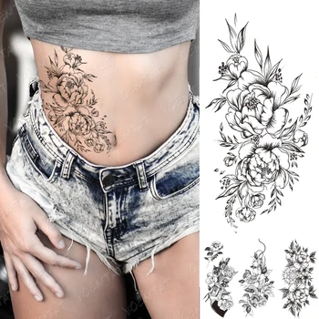 

Waterproof Temporary Tattoo Sticker Peony Flower Chrysanthemum Butterfly Flash Tattoos Female Line Waist Body Art Fake Tatto Men
