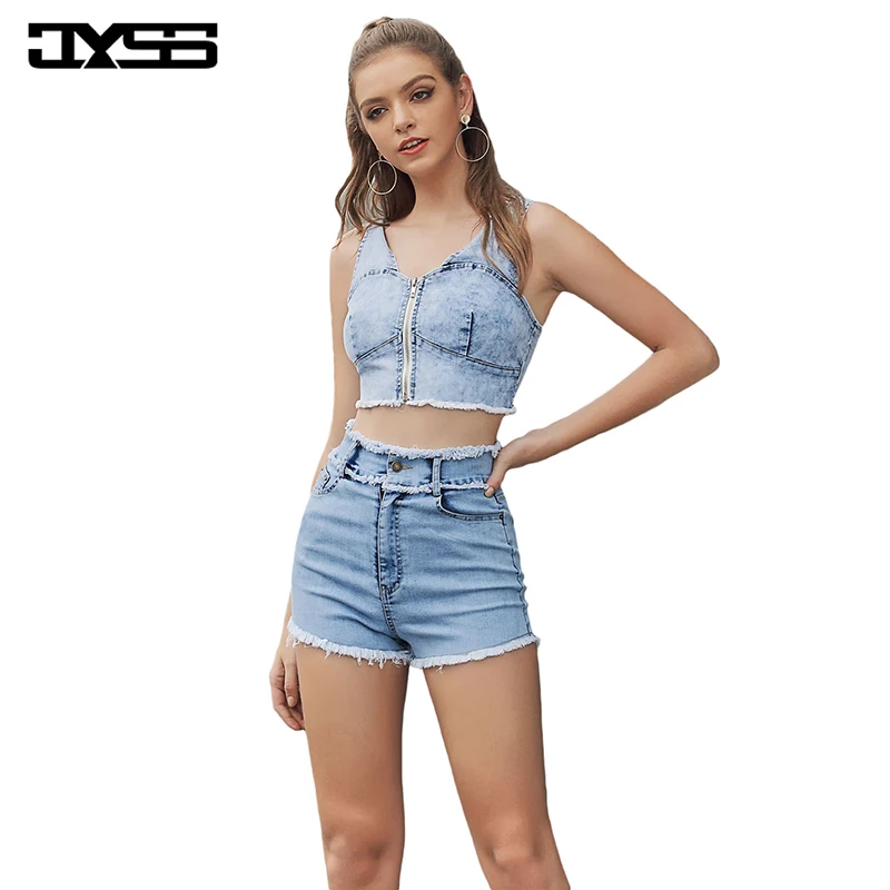 JYSS, новинка, XS, синие эластичные джинсовые топы для женщин, девушек, на молнии, украшение, топы, v-образный вырез, без рукавов, Короткие Топики, женский топ, 20017