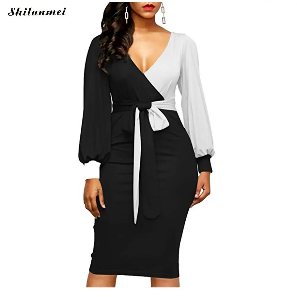 

Deep V Neck Contrast Color Shirt Dress Women Fashion Sashes Sexy Office Lady Work Dress Long Sleeve 2020 Winter Women Dress Xxl