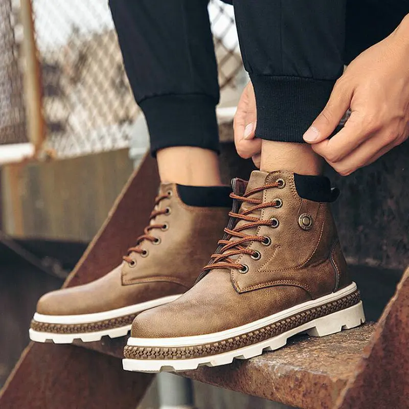 

New Men Leather Ankle Boots Anti-Skidding Motorcycle Boots High Quality Fashion Autumn High Top Shoes A54-60