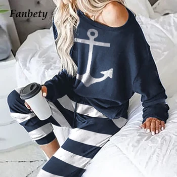 

Women Elegant one off shoulder Tracksuit set 2020 Casual Loose printed long pant Two Piece Sets Female fashion spring sportwear
