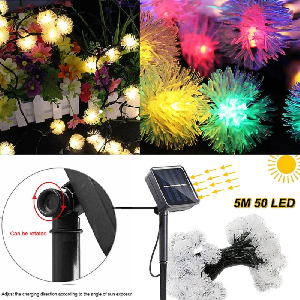 Waterproof Solar Garland 5m 50 LED Garden Lights Dandelion String Light Outdoor Party Christmas Fairy Path Patio Lawn Lamp Decor