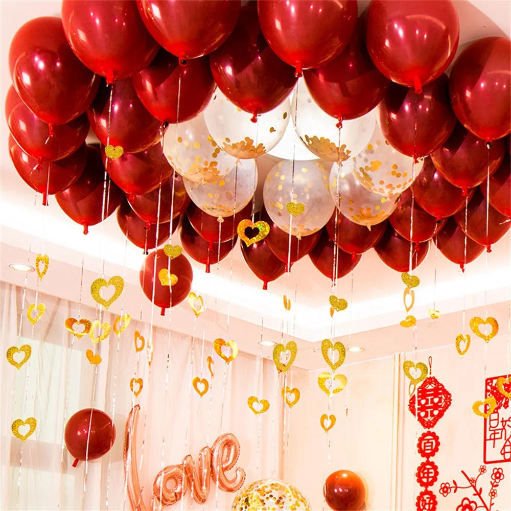 100Pcs Red Heart Laser Sequins Balloons Pendants Foil Rain Tassel Hanging  Accessories Wedding Room Birthday Party Decorations