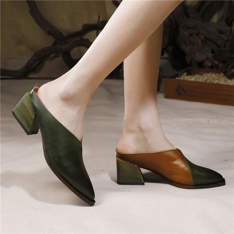 

Women Leather Slipper Mules Pointed Toe High Heels Shoes For Women Spring Slippers Retro Genuine Leather Handmade Women Slippers