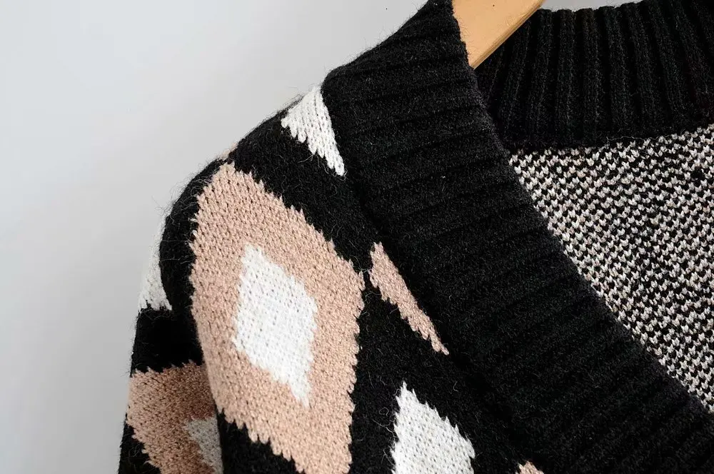 Beste 2019 Vrouwen Spliced Diamond V hals Trui Herfst Winter Gebreide Tops Loose Oversize Pull Trui