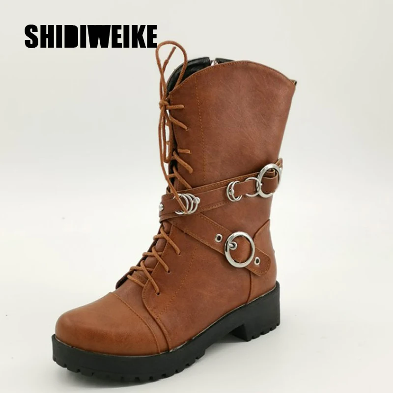 

Round Toe Buckle Women Mid Calf Boots Square Heel zipper Lace-Up Vintage autumn Winter Boots Solid Plus Size Shoes J778