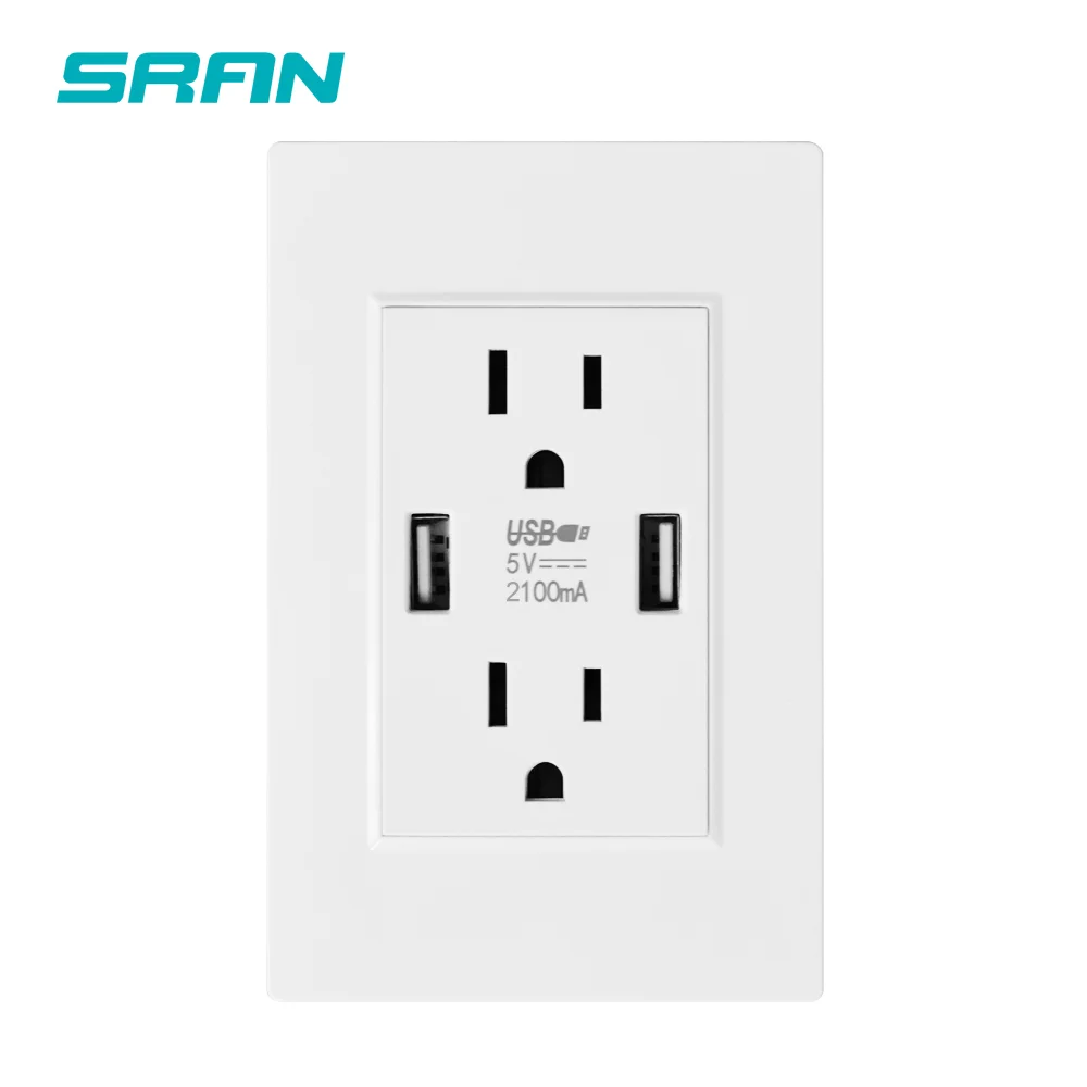 Sran us standard dual usb wall plug socket double 2 1a socket with usb