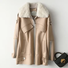 Женское зимнее теплое меховое пальто с карманами натуральное пальто из овчины Толстая теплая овечья кожа