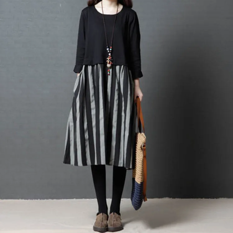 

Autumn Clothing New Style 2019 Korean-style Loose And Plus-sized WOMEN'S Dress Fashion Comfortable Stripes Cotton Linen Dress