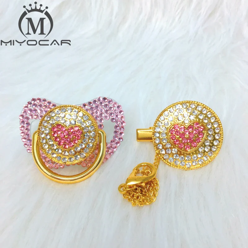 

BLING pink full heart Rhinestone pacifier and clip set pacifier chain holder gold pacifier pink rhinestone AH-SP