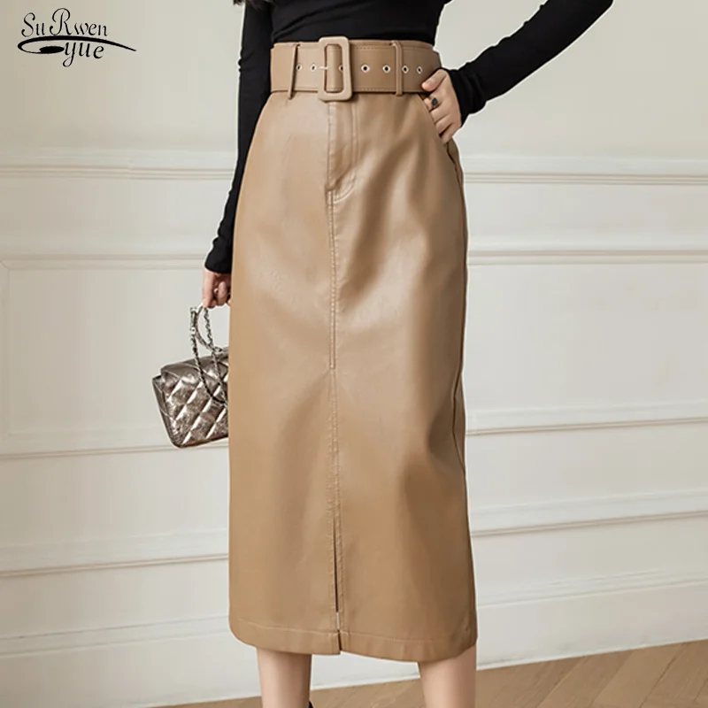 Square Buckle Belt Midlength High Waist Skirts Solid Pocket Aline