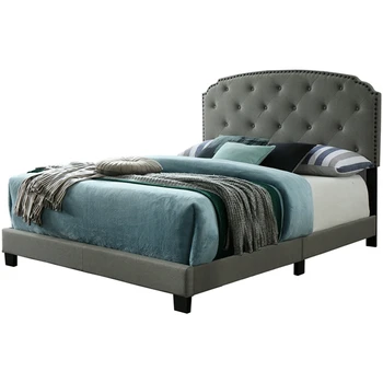 

Platform Bed with Rond Headboard, Wood Slat Support, Gray Linen Fabric, Queen Size