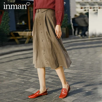 

INMAN 2020 Spring New Arrival Literary Retro Single-breasted A-line long Umbrella Skirt