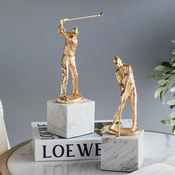 

Luxtry Brass Furnishings Home Golf Player Art Statue Living Room Modern Office Marble Ornaments Decor Crafts Display Accessories