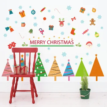 

Cartoon Santa Claus Merry Christmas Tree Bell Gifts Wall Stickers Kindergarten Glass Window Background Decoration Stickers