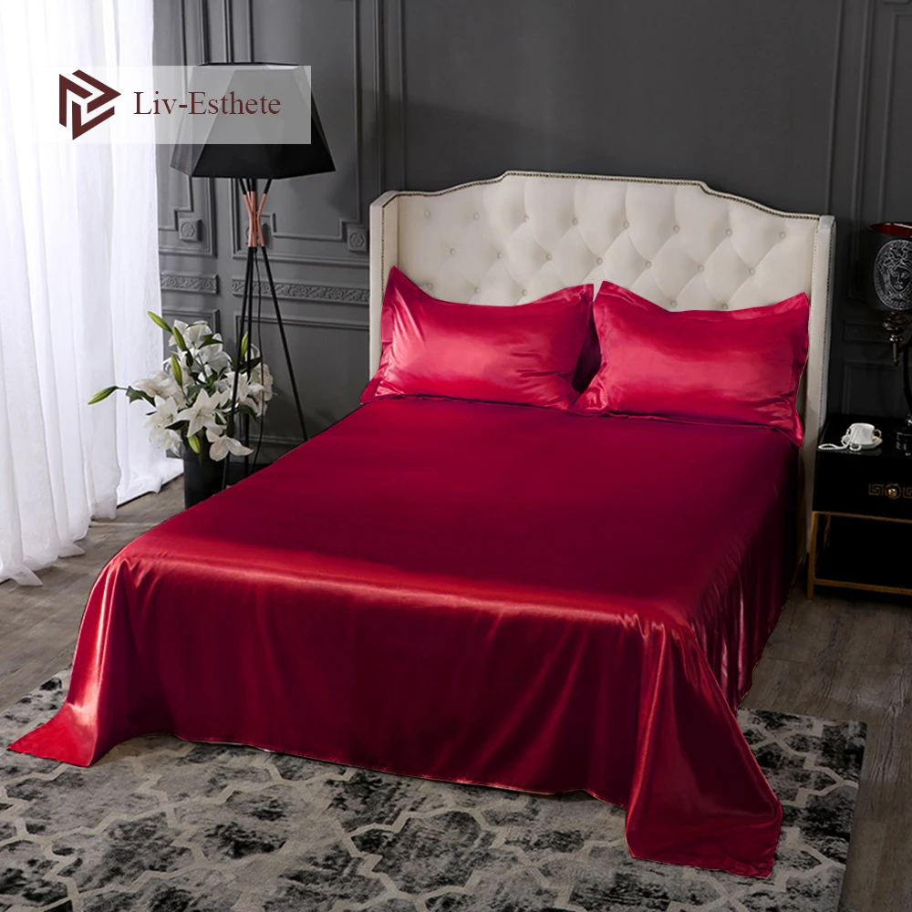 

Liv-Esthete Luxury 100% Silk Wine Red Flat Sheet Silky Pillowcase Queen King Bed Sheets Healthy Sleep Bed Linen For Beauty Girl