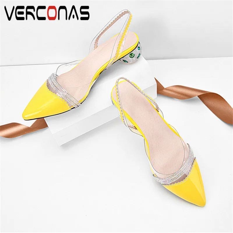 

VERCONAS 2020 Woman Pumps Genuine Leather Woman Sandals Crystal Decoration Ankle Strap Pointed Toe Round High Heels Shoes Woman