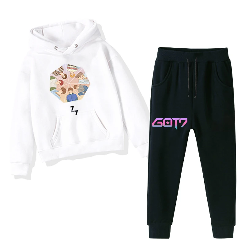 Got7 Kpop Печать Дети с капюшоном верхняя одежда, в Корейском стиле, Толстовки с капюшоном для девочек зимние футболки на мальчиков штaны лeггинсы 2 шт./компл. Straykids Детский костюм - Цвет: 924-925h-bj-1219.12