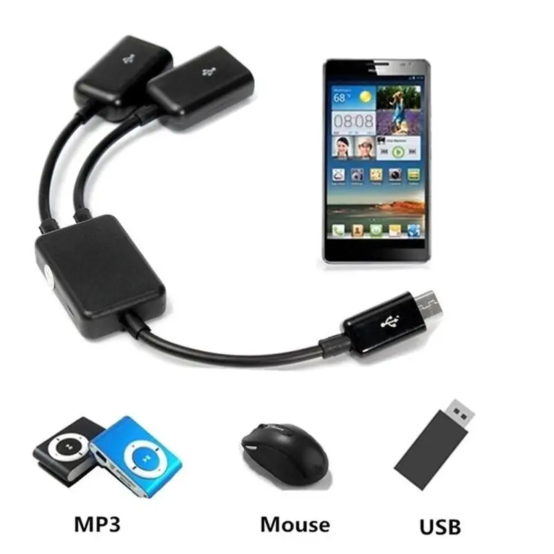 1 Uds 2in1 Micro Dual USB Host OTG carga Hub Y Cable adaptador divisor de la Tableta Negro Cable de datos para Smartphones Android caliente FUENTE DE