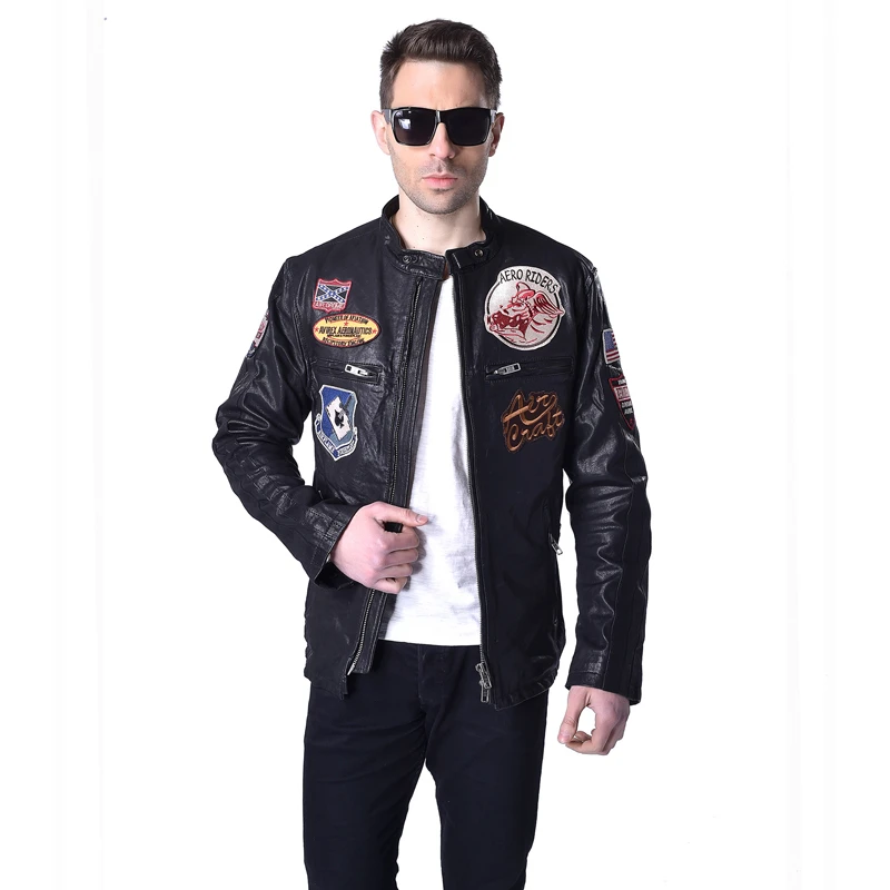 Abrigo cuero genuino para hombres de marca parches negros amarillos 100% chaqueta de piloto de piel de cabra curtida 160|Abrigos de cuero genuino| - AliExpress