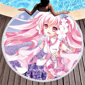 

Summer Beach Towel Hatsune Miku Anime Character Sport Swimming Round Bath Towel with Tassel Custom Yoga Mat for Girls Home Decor