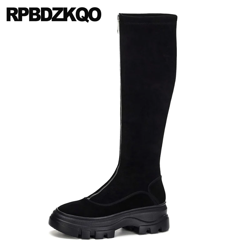 Muffin Knee High Designer Wedge Platform Shoes Front Zipper Heel Flatform Brand Women Winter Boots Genuine Leather Long Black | Обувь