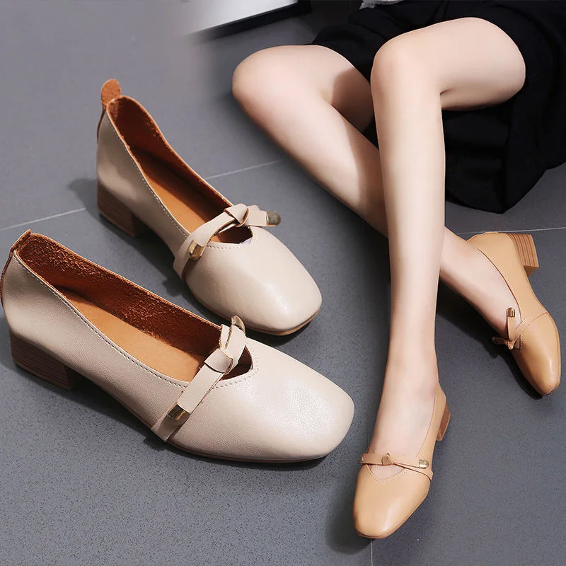 

2019 Summer Low-Cut Casual Solid Color Semi-high Heeled Square Head Retro Bow Shoes Women's Work Versatile Moccosins